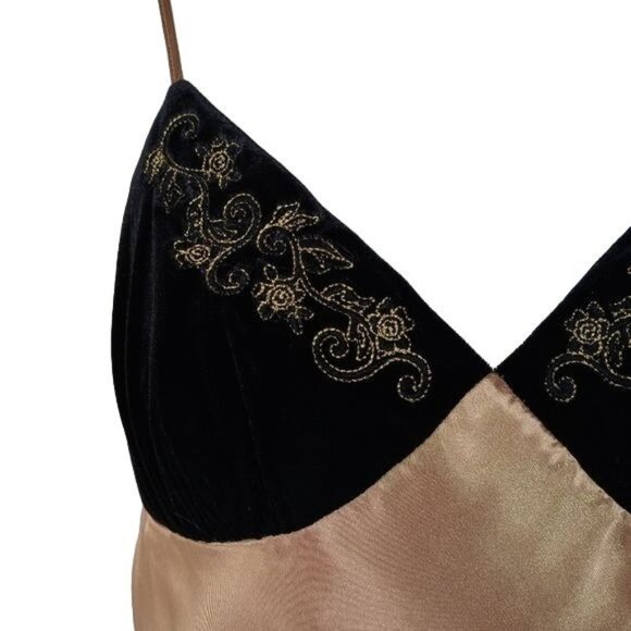 MORGAN TAYLOR INTIMATES WOMENS SMALL SATIN NIGHT SLIP GOLD BLACK VELVET - Picture 5 of 11